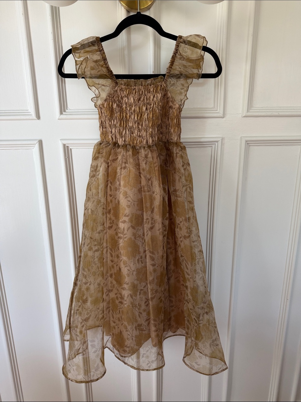 Noralee Size 10 Girls Tan Floral Ruffle-Shoulder Smocked Dress
